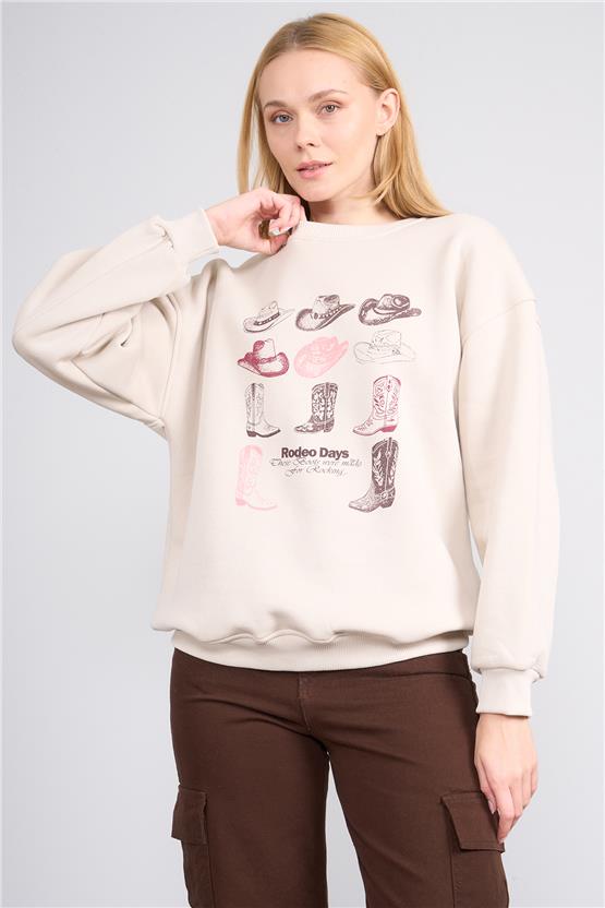 Çetinkaya Fithit 8568 Kadın Bisiklet Yaka 3 İplik Oversize Baskılı Sweatshirt Bulut Mavisi