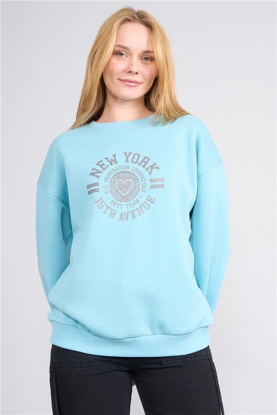 Çetinkaya Fithit 8568 Kadın Bisiklet Yaka 3 İplik Oversize Baskılı Sweatshirt Bulut Mavisi