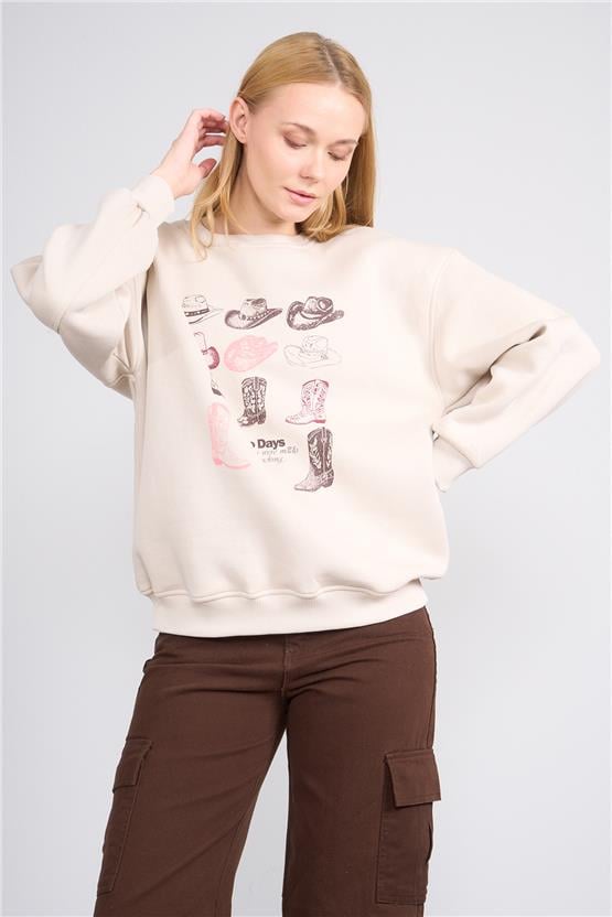 Çetinkaya Fithit 8568 Kadın Bisiklet Yaka 3 İplik Oversize Baskılı Sweatshirt Bulut Mavisi