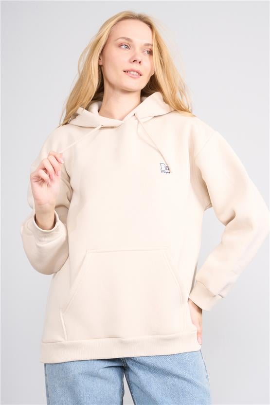 Çetinkaya Fithit 8569 Kadın Kapüşonlu 3 İplik Oversize Baskılı Sweatshirt Taş