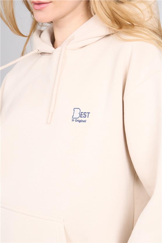 Çetinkaya Fithit 8569 Kadın Kapüşonlu 3 İplik Oversize Baskılı Sweatshirt Taş