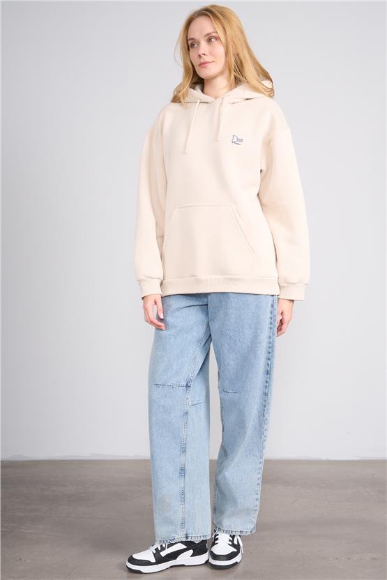 Çetinkaya Fithit 8569 Kadın Kapüşonlu 3 İplik Oversize Baskılı Sweatshirt Taş