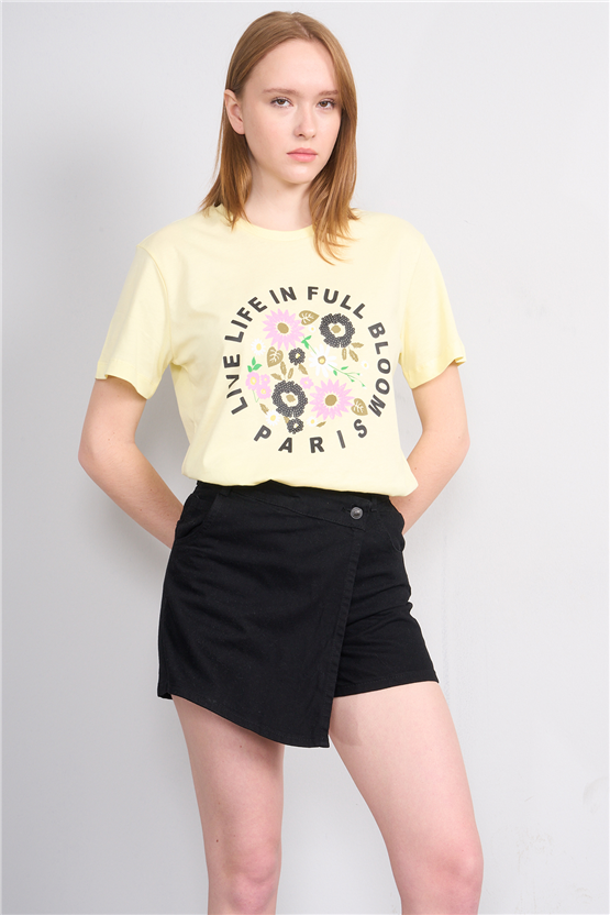 Çetinkaya Fithit 8788 Bayan Bisiklet Yaka Regular Baskılı T-shirt Uçuk Sarı