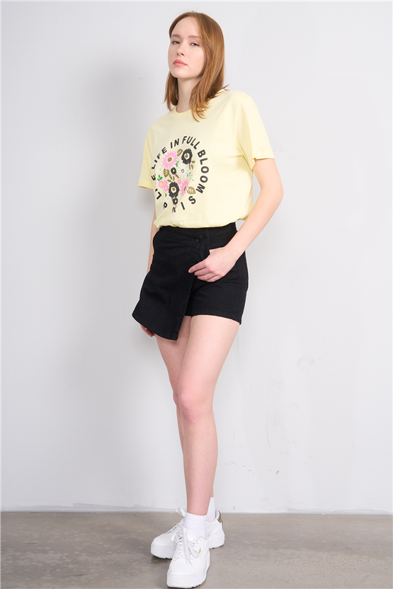 Çetinkaya Fithit 8788 Bayan Bisiklet Yaka Regular Baskılı T-shirt Uçuk Sarı