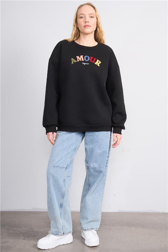 Çetinkaya Fithit 8817 Kadın Bisiklet Yaka 3 İplik Oversize Nakışlı Sweatshirt Siyah