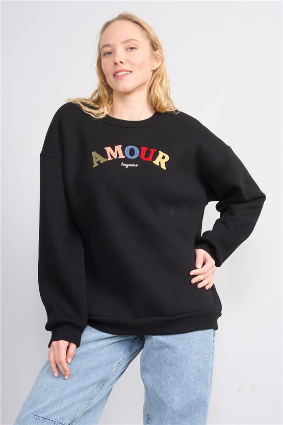 Çetinkaya Fithit 8817 Kadın Bisiklet Yaka 3 İplik Oversize Nakışlı Sweatshirt Siyah