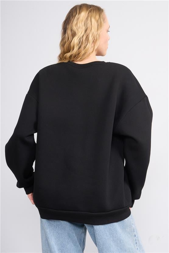 Çetinkaya Fithit 8817 Kadın Bisiklet Yaka 3 İplik Oversize Nakışlı Sweatshirt Siyah