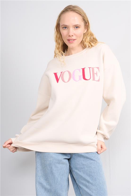 Çetinkaya Fithit 8818 Kadın Bisiklet Yaka 3 İplik Oversize Nakışlı Sweatshirt Taş