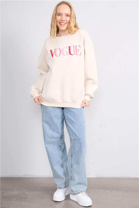 Çetinkaya Fithit 8818 Kadın Bisiklet Yaka 3 İplik Oversize Nakışlı Sweatshirt Taş