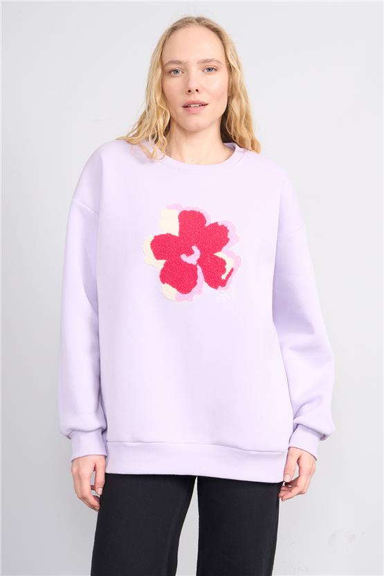 Çetinkaya Fithit 8819 Kadın Bisiklet Yaka 3 İplik Oversize Nakışlı Sweatshirt Lila