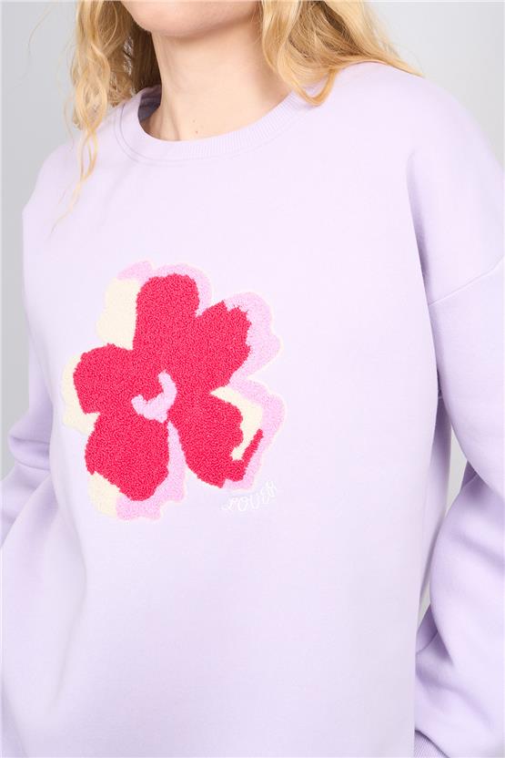 Çetinkaya Fithit 8819 Kadın Bisiklet Yaka 3 İplik Oversize Nakışlı Sweatshirt Lila