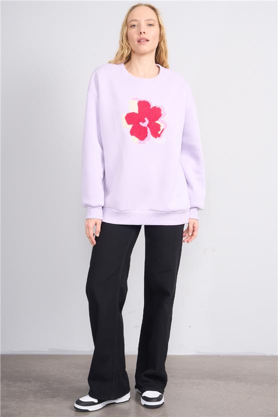 Çetinkaya Fithit 8819 Kadın Bisiklet Yaka 3 İplik Oversize Nakışlı Sweatshirt Lila
