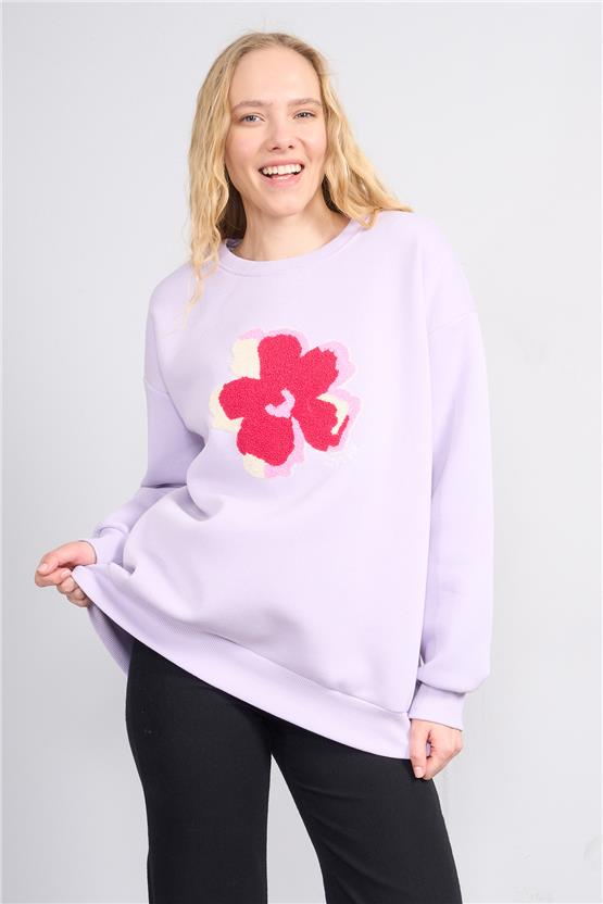 Çetinkaya Fithit 8819 Kadın Bisiklet Yaka 3 İplik Oversize Nakışlı Sweatshirt Lila