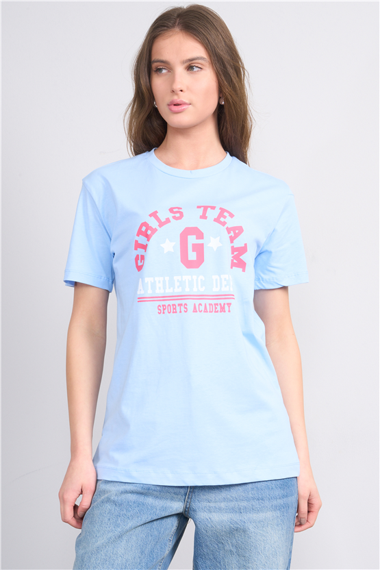 Çetinkaya Fithit 8859 Bayan Bisiklet Yaka Regular Baskılı T-shirt Bebe Mavi