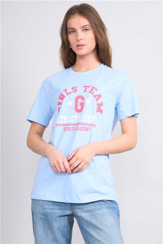 Çetinkaya Fithit 8859 Bayan Bisiklet Yaka Regular Baskılı T-shirt Bebe Mavi