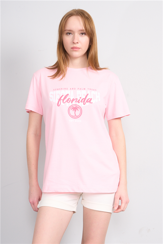 Çetinkaya Fithit 8861 Bayan Bisiklet Yaka Regular Baskılı T-shirt Açık Pembe