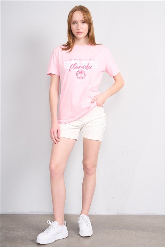 Çetinkaya Fithit 8861 Bayan Bisiklet Yaka Regular Baskılı T-shirt Açık Pembe