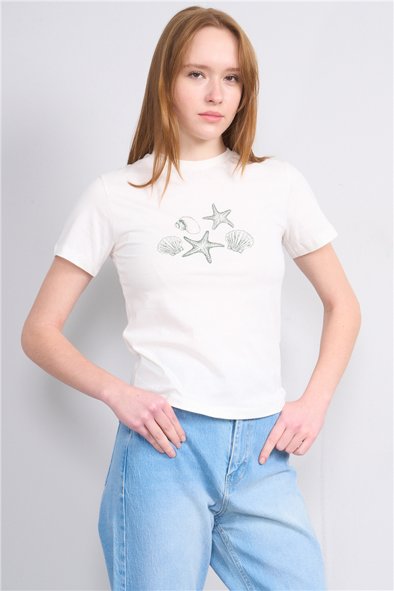 C.K Y26 8865 Fithit Byn B.Yk Regular Baskılı T-shirt Krem