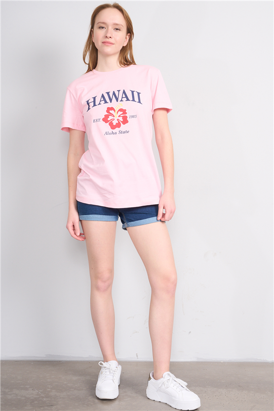 Çetinkaya Fithit 8868 Bayan Bisiklet Yaka Regular Baskılı T-shirt Açık Pembe