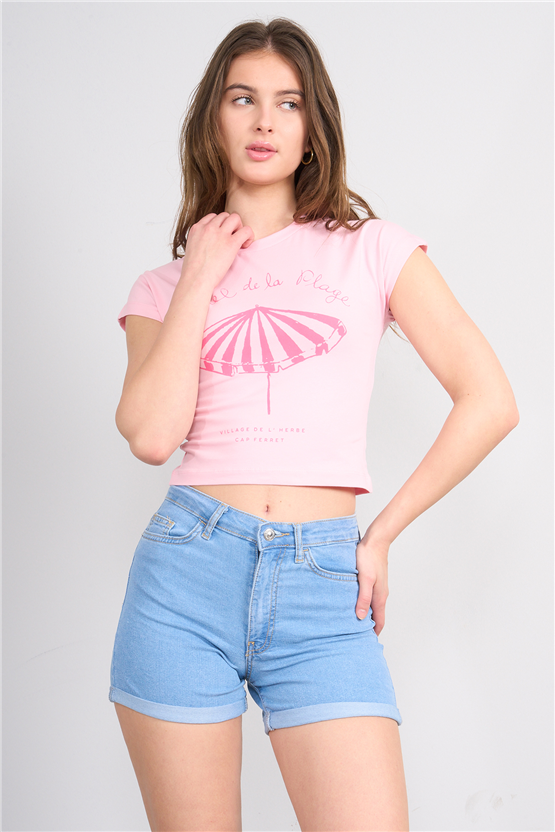 C.K Y26 8872 Fithit Byn B.Yk Penye Baskılı Crop T-shirt A.Pembe