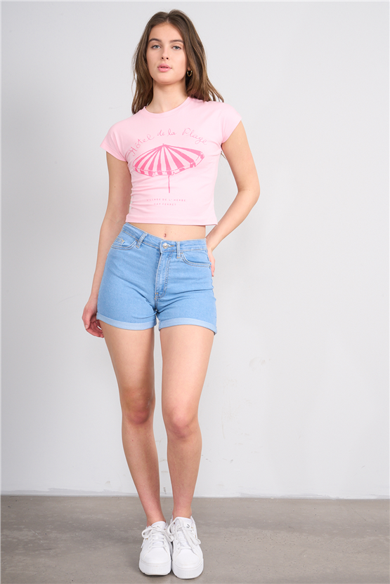 C.K Y26 8872 Fithit Byn B.Yk Penye Baskılı Crop T-shirt A.Pembe