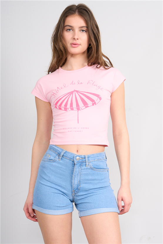 C.K Y26 8872 Fithit Byn B.Yk Penye Baskılı Crop T-shirt A.Pembe