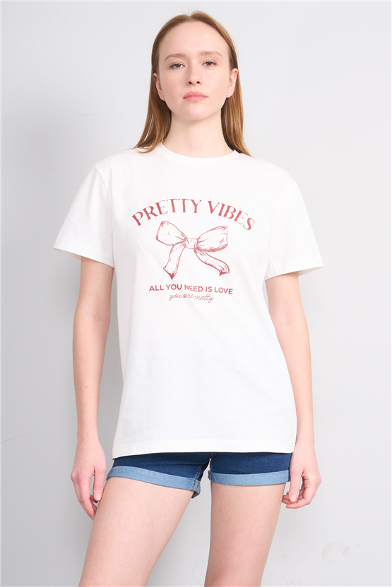 Çetinkaya Fithit 8878 Bayan Bisiklet Yaka Regular Baskılı T-shirt Krem