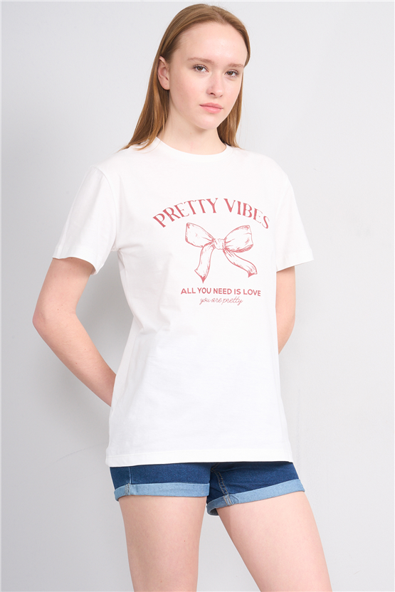 Çetinkaya Fithit 8878 Bayan Bisiklet Yaka Regular Baskılı T-shirt Krem