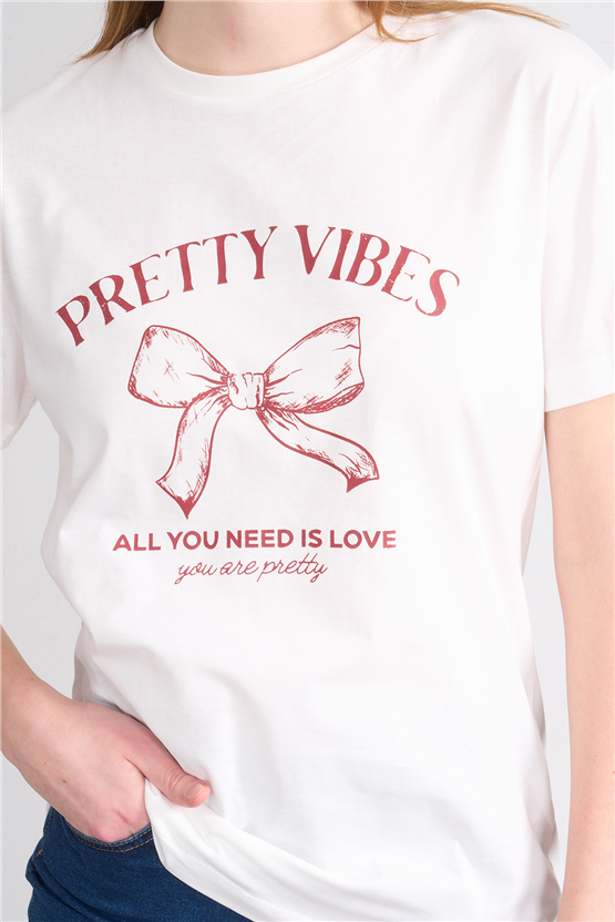 Çetinkaya Fithit 8878 Bayan Bisiklet Yaka Regular Baskılı T-shirt Krem