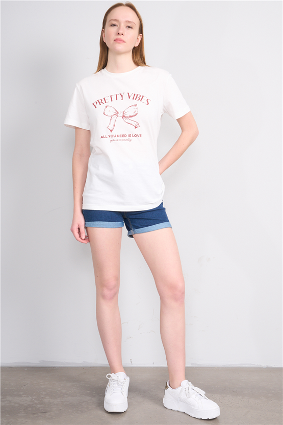 Çetinkaya Fithit 8878 Bayan Bisiklet Yaka Regular Baskılı T-shirt Krem