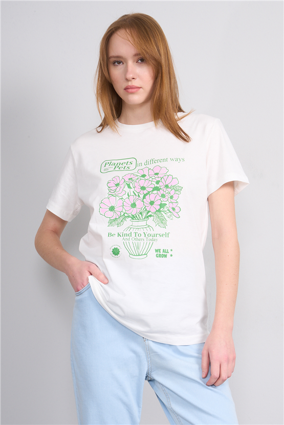 C.K Y26 8879 Fithit Byn B.Yk Regular Baskılı T-shirt Krem