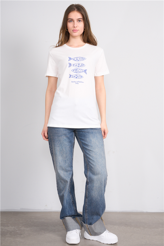 C.K Y26 8883 Fithit Byn B.Yk Regular Baskılı T-shirt Krem