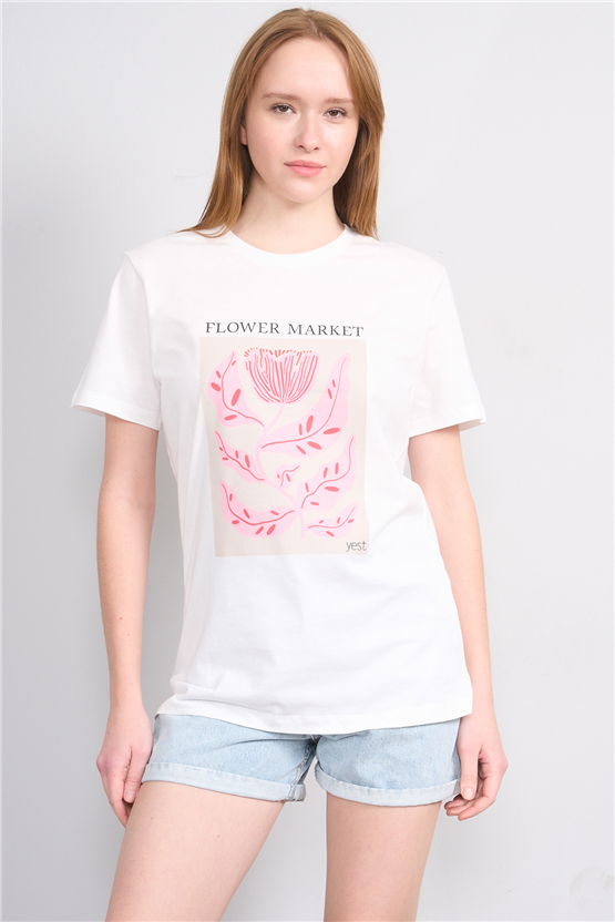 Çetinkaya Fithit 8885 Bayan Bisiklet Yaka Regular Baskılı T-shirt Krem