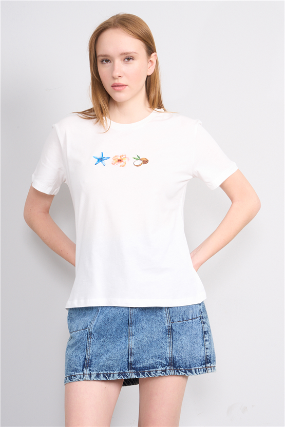 C.K Y26 8887 Fithit Byn B.Yk Regular Baskılı T-shirt Krem