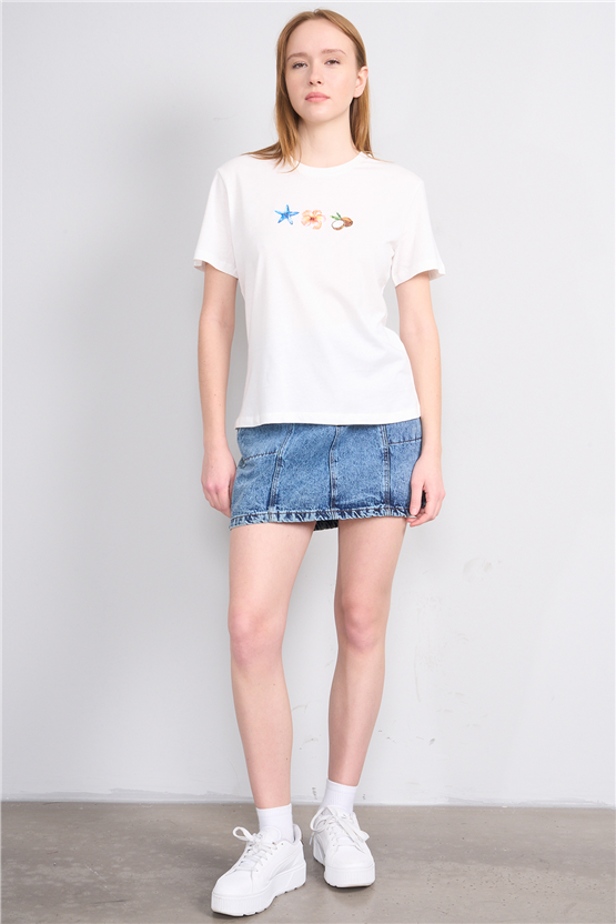 C.K Y26 8887 Fithit Byn B.Yk Regular Baskılı T-shirt Krem