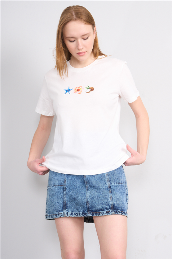 C.K Y26 8887 Fithit Byn B.Yk Regular Baskılı T-shirt Krem