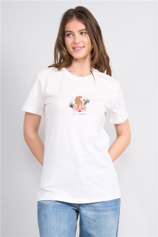 C.K Y26 8889 Fithit Byn B.Yk Regular Baskılı T-shirt Krem