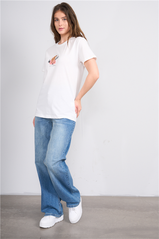 C.K Y26 8889 Fithit Byn B.Yk Regular Baskılı T-shirt Krem