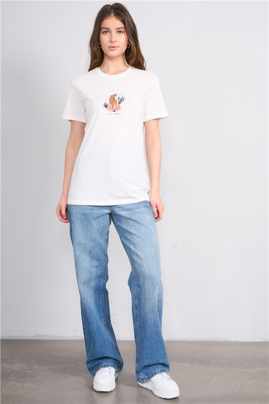C.K Y26 8889 Fithit Byn B.Yk Regular Baskılı T-shirt Krem