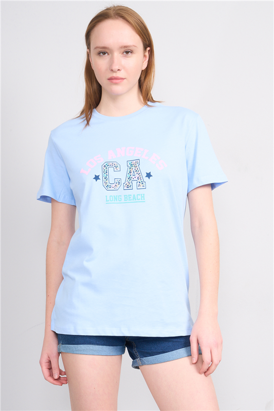 Çetinkaya Fithit 8892 Bayan Bisiklet Yaka Regular Baskılı T-shirt Bebe Mavi