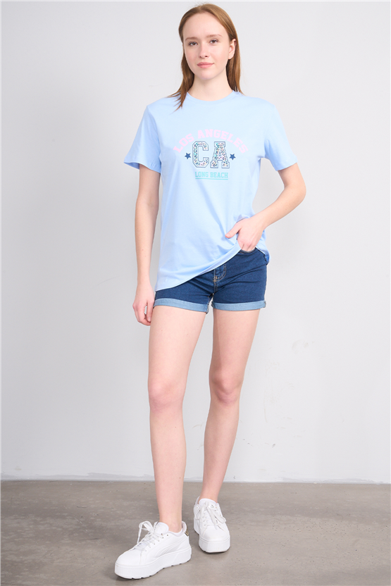 Çetinkaya Fithit 8892 Bayan Bisiklet Yaka Regular Baskılı T-shirt Bebe Mavi