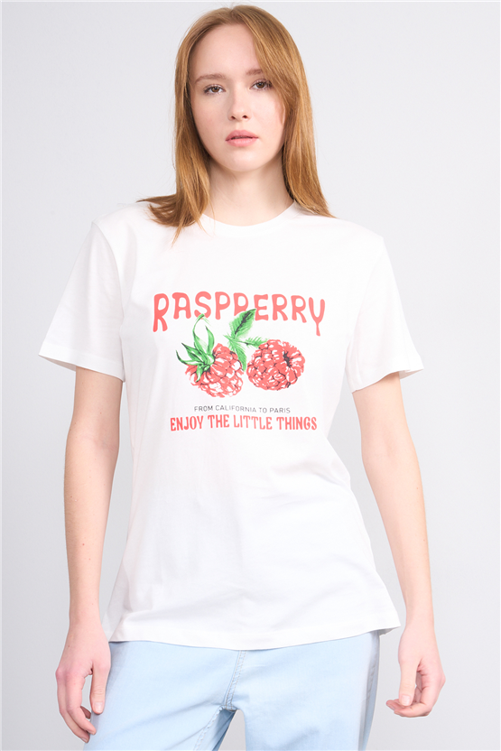 Çetinkaya Fithit 8896 Bayan Bisiklet Yaka Regular Baskılı T-shirt Krem