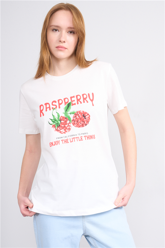 Çetinkaya Fithit 8896 Bayan Bisiklet Yaka Regular Baskılı T-shirt Krem