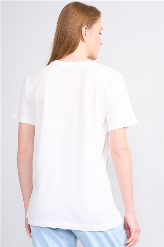 Çetinkaya Fithit 8896 Bayan Bisiklet Yaka Regular Baskılı T-shirt Krem