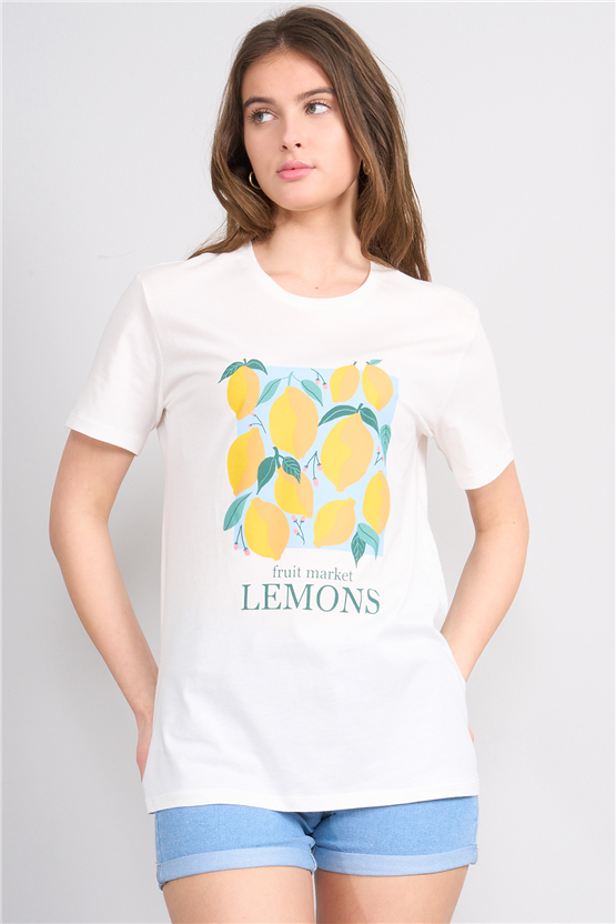 C.K Y26 8900 Fithit Kadın Bisiklet Yaka Regular Nakışlı T-shirt Krem