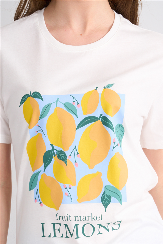 C.K Y26 8900 Fithit Kadın Bisiklet Yaka Regular Nakışlı T-shirt Krem