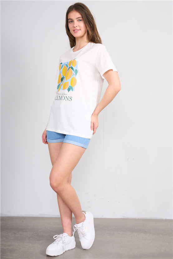 C.K Y26 8900 Fithit Kadın Bisiklet Yaka Regular Nakışlı T-shirt Krem