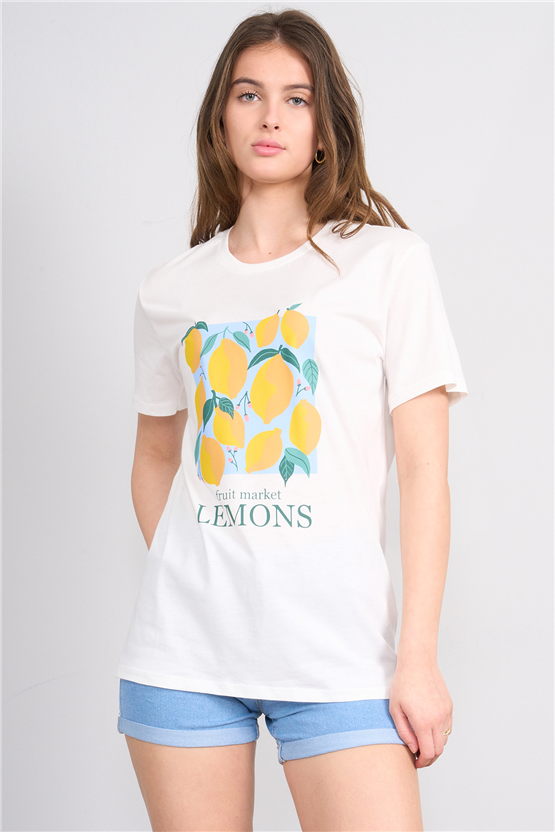 C.K Y26 8900 Fithit Kadın Bisiklet Yaka Regular Nakışlı T-shirt Krem