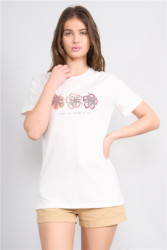 C.K Y26 8909 Fithit Byn B.Yk Regular Baskılı T-shirt Krem