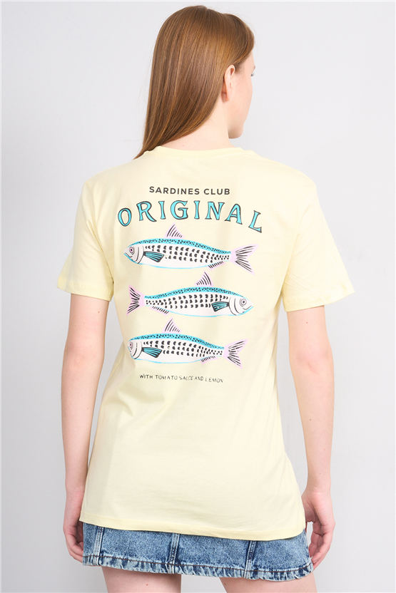 Çetinkaya Fithit 8914 Bayan Bisiklet Yaka Oversize Baskılı T-shirt Uçuk Sarı